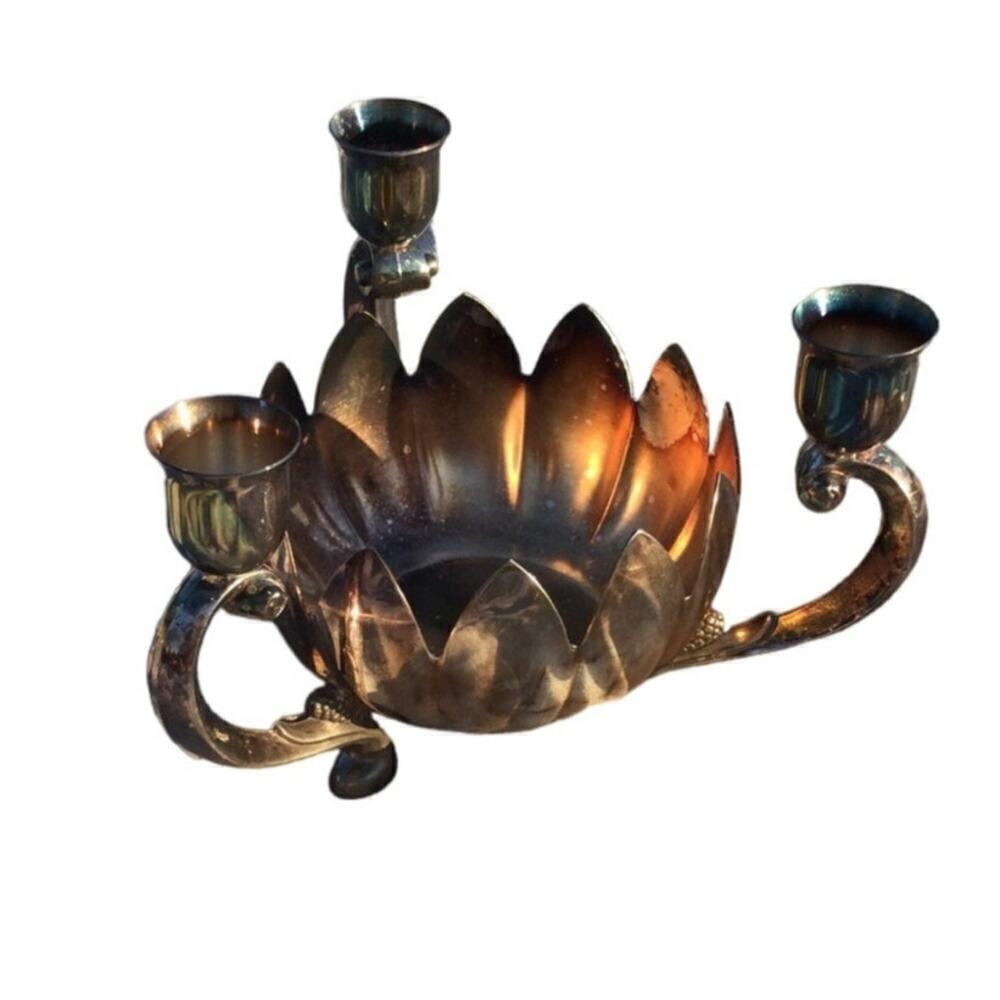 Vtg Leonard silverplate Flower frog bowl candle stick holder country centerpiece